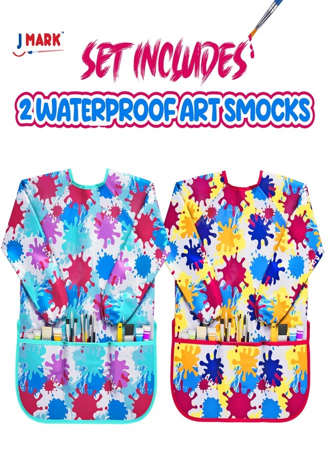 J MARK Art Smock Painting Apron - (Pack of 2) Long Sleeve and 2 Pockets for Arts & Crafts - Waterproof Artist Paint Shirt Colorful - Image 2